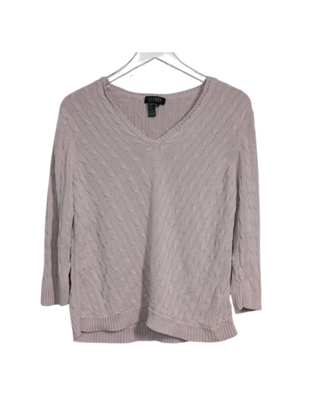Lauren Ralph Lauren Cable Knit Sweater Womens Size XL Pink Preppy V Neck Coastal